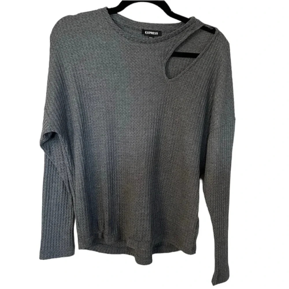 Express Women's Long Sleeve Gray Shoulder Cut-Out Waffle Knit Sweater Sz XS GUC
